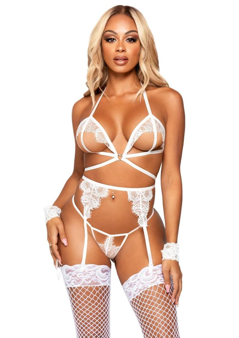 Leg Avenue Eyelash Lace Cage Strap Open Cup Bra with Heart Ring Accent, Garter Belt, G-String Panty and Wrist Cuffs - White - One Size - 4 Pieces