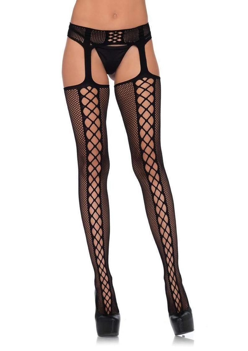 Leg Avenue Faux Lace Up Dual Net Backseam Stockings with Attached Garterbelt - Black