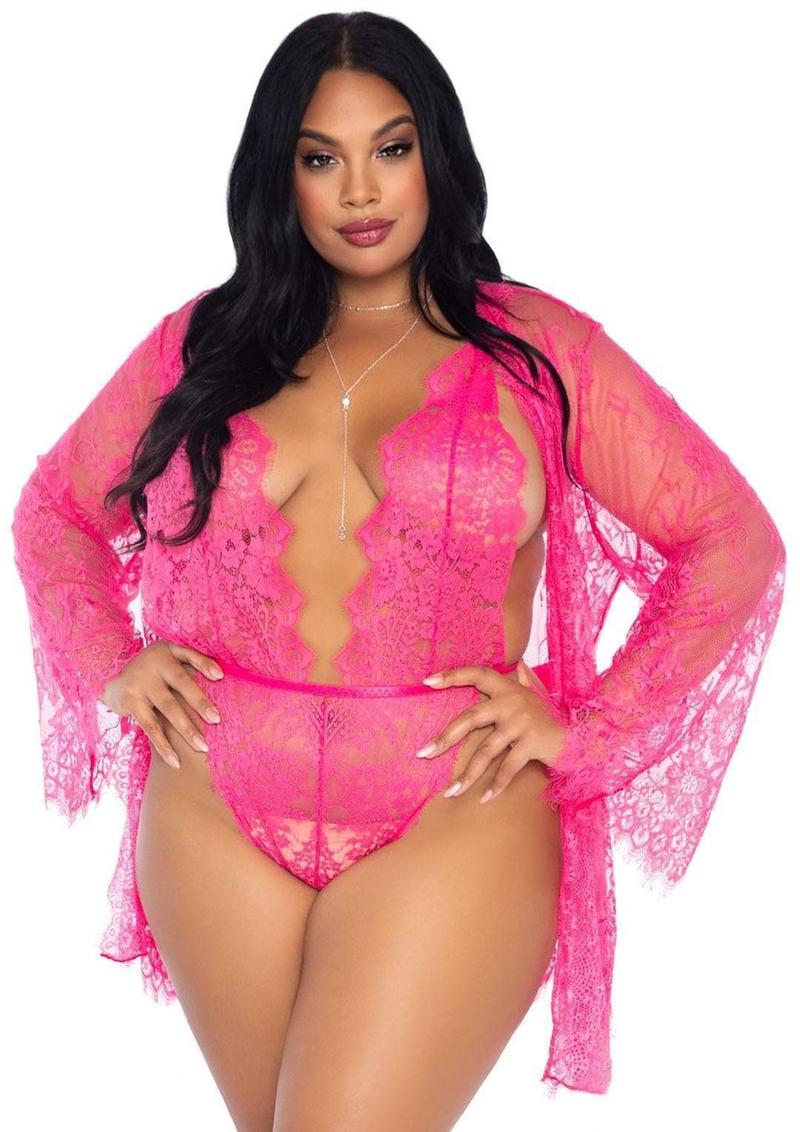 Leg Avenue Floral Lace Teddy with Adjustable Straps and Cheeky Thong Back, Matching Lace Robe with Scalloped Trim and Satin Tie - Hot Pink/Pink - Queen/XLarge/XXLarge - 3 Piece