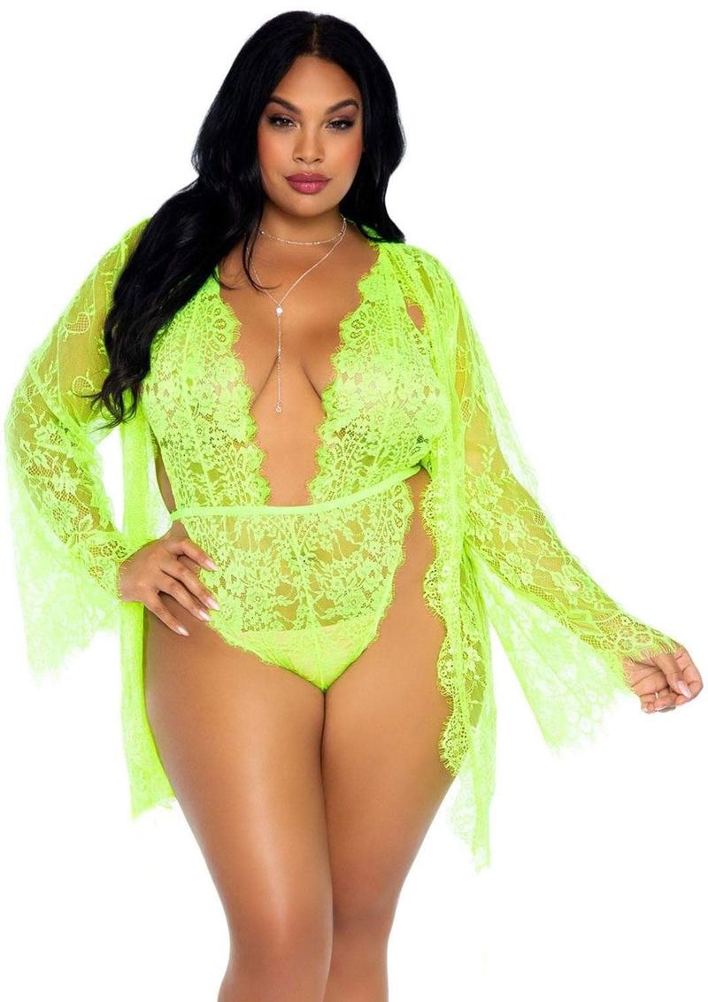 Leg Avenue Floral Lace Teddy with Adjustable Straps and Cheeky Thong Back, Matching Lace Robe with Scalloped Trim and Satin Tie - Green/Lime - Queen/XLarge/XXLarge - 3 Piece