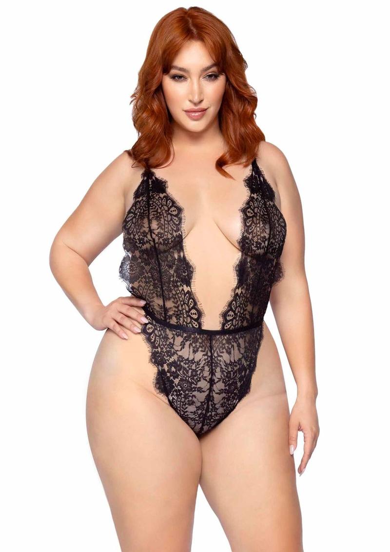 Leg Avenue Floral Lace Teddy with Adjustable Straps and Cheeky Thong Back, Matching Lace Robe with Scalloped Trim and Satin Tie