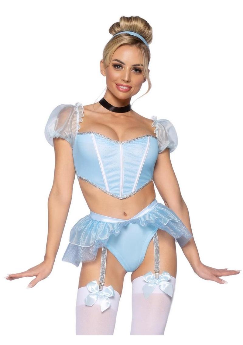 Leg Avenue Glass Slipper Cinderella Boned Sweetheart Crop Top with Organza Sleeves, Garter Panty with Shimmer Sheer Skirt, Ribbon Choker, and Matching Hair Band - Blue - Large - 4 Piece