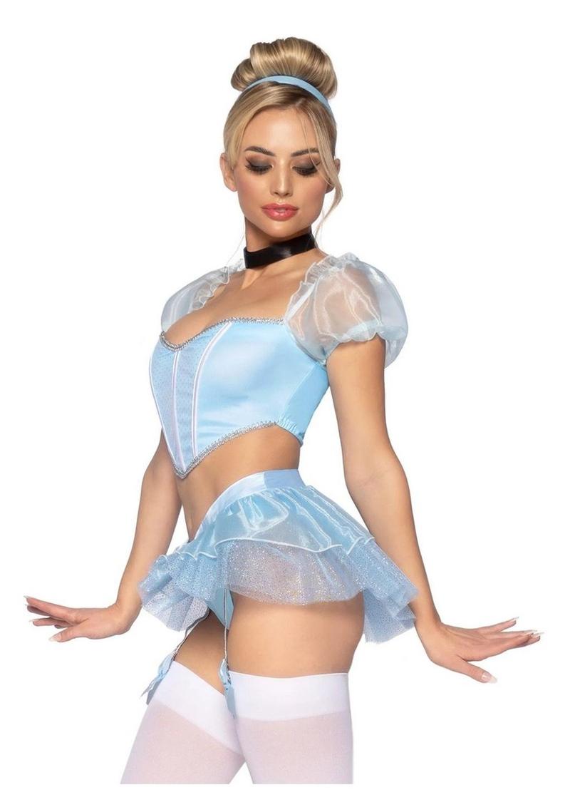 Leg Avenue Glass Slipper Cinderella Boned Sweetheart Crop Top with Organza Sleeves, Garter Panty with Shimmer Sheer Skirt, Ribbon Choker, and Matching Hair Band - Blue - XSmall - 4 Piece