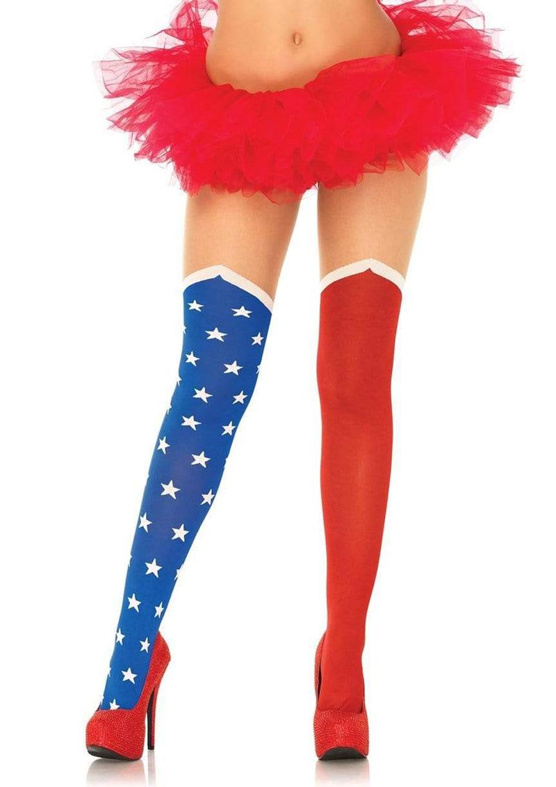 Leg Avenue Hero Opaque Tights with Sheer Thigh - Blue/Red - One Size