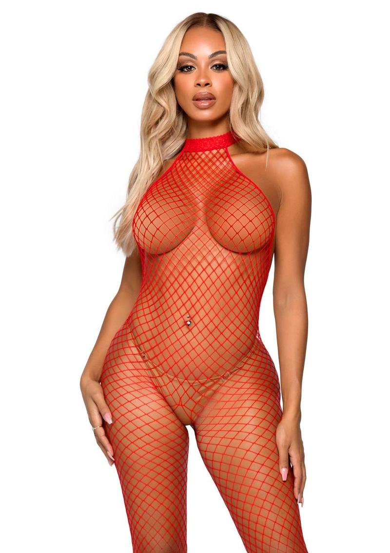 Leg Avenue Industrial Net Racer Neck Backless Bodystocking - Red - One Size