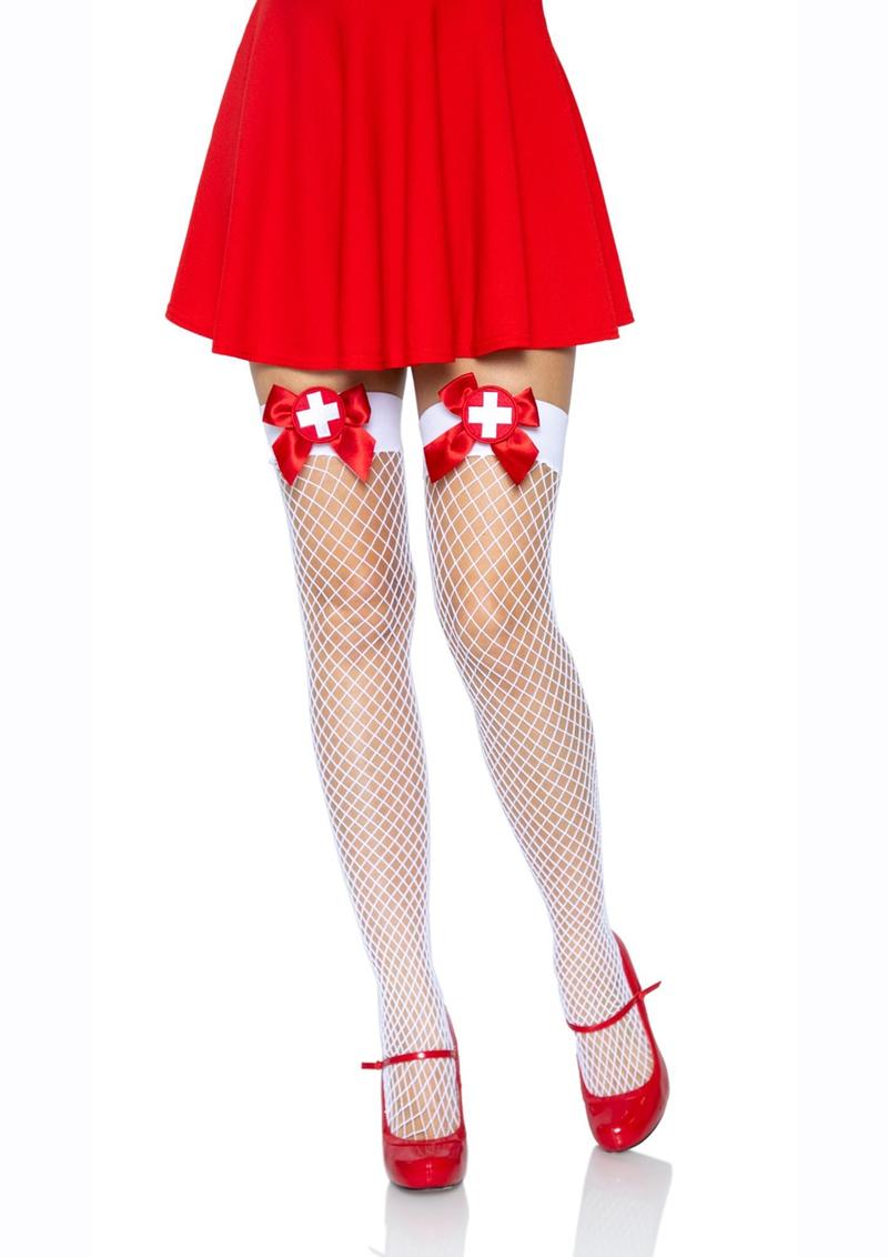 Leg Avenue Industrial Net Thigh High - Red/White - One Size