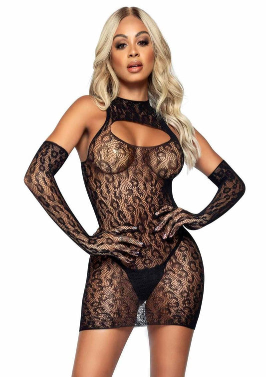 Leg Avenue Leopard Net Keyhole Dress and Matching Gloves - Black - One Size - 2 Pieces