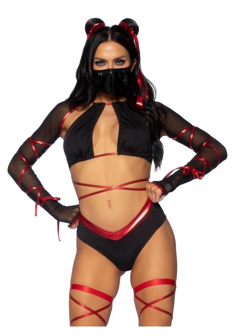 Leg Avenue Lethal Ninja Strappy Wrap-Around Bra Top with Attached Mesh Gloved Shrug, V-Cut Bottoms, Leg Wraps, Face Mask, and Matching Hair Ties - Black/Red - Large - 5 Piece