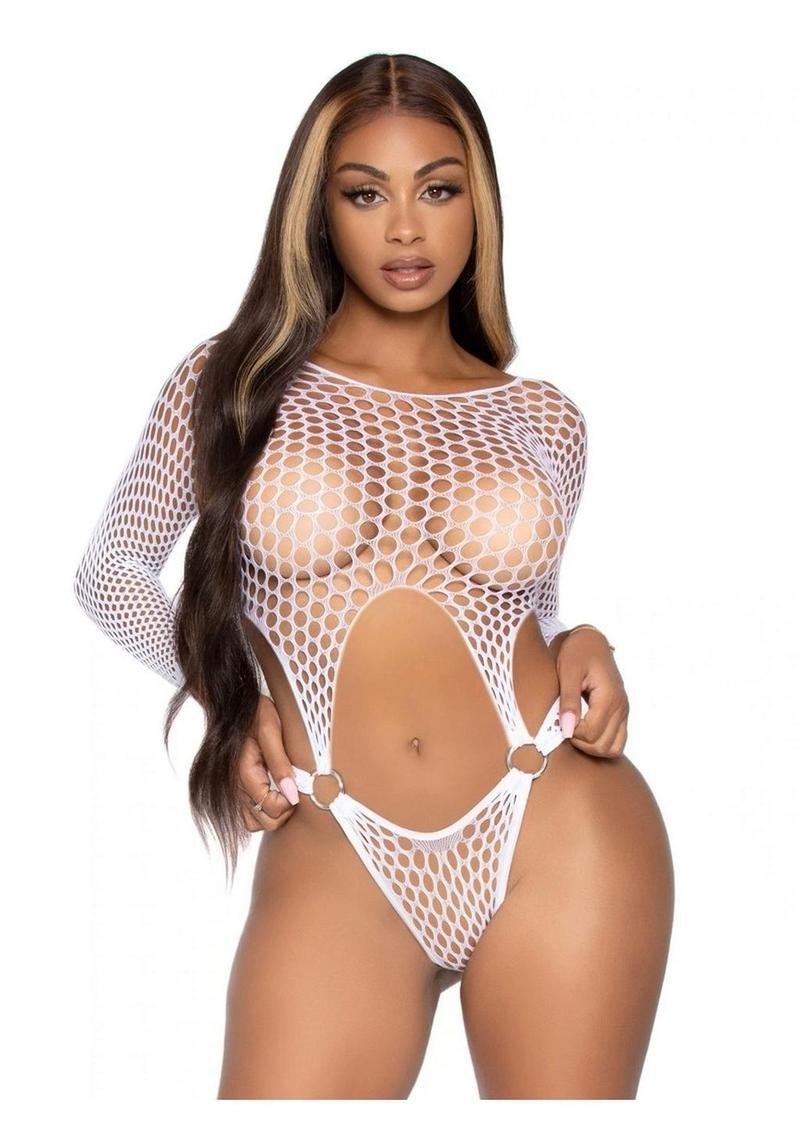 Leg Avenue Long Sleeve Pothole Suspender Top Bodysuit with Thong Back and O-Ring Detail - White - One Size