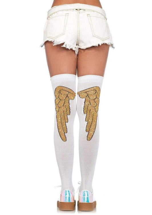 Leg Avenue Lurex Angel Wing Over The Knee Socks - Gold/White - One Size