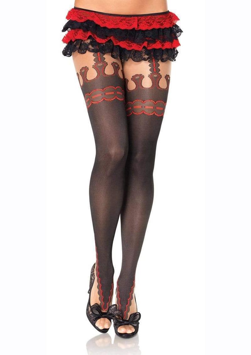 Leg Avenue Marquee Print Spandex Sheer Pantyhose with Faux Garterbelt Detail - Black/Red - One Size