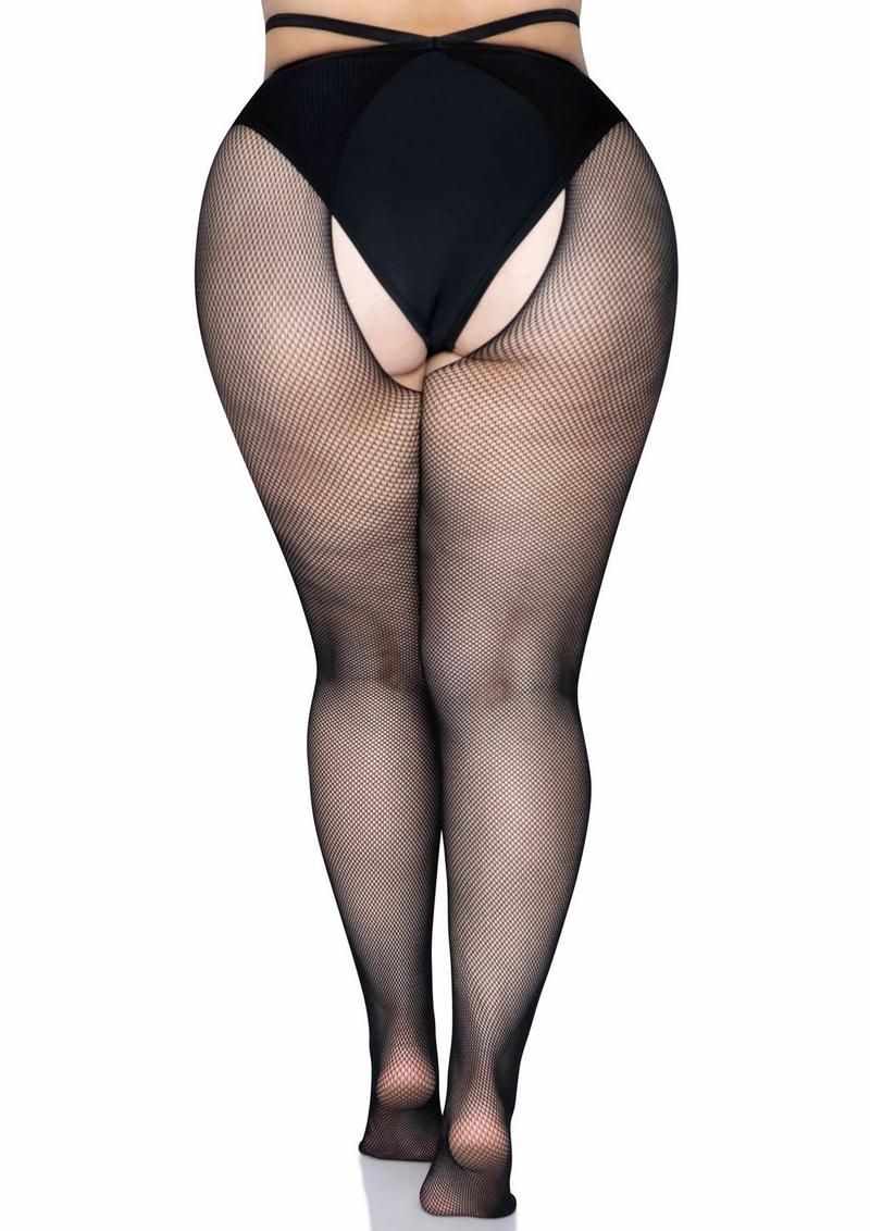 Leg Avenue Micro Net Strappy Waist Crotchless Tights - Black - Queen/XLarge/XXLarge