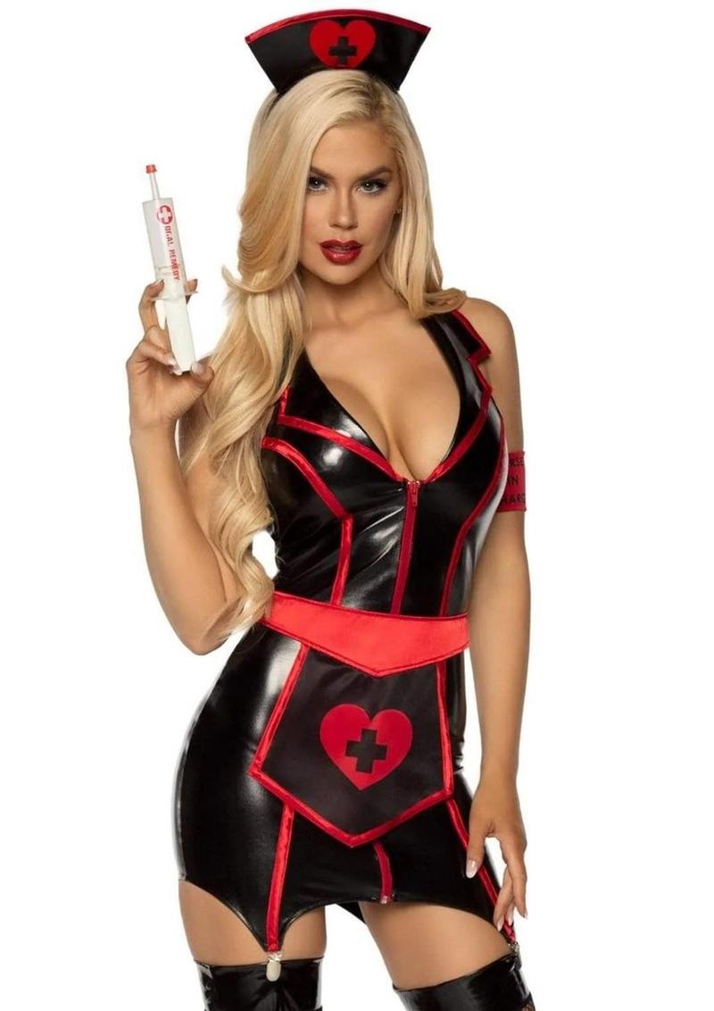 Leg Avenue Naughty Nurse Zip Up Wet Look Garter Dress, Heart Apron, Arm Band, and Head - Black/Red - Medium - 4 Piece/Piece