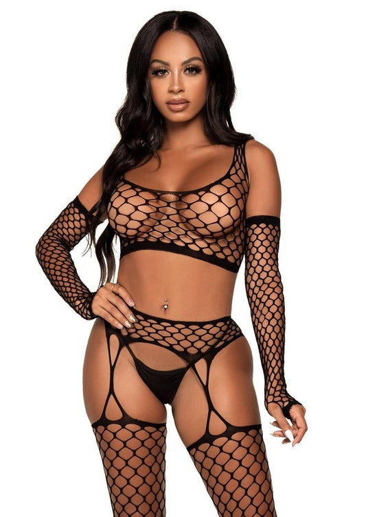 Leg Avenue Net Crop Top, Garter Stockings and Matching Gloves - Black - One Size - 3 Pieces