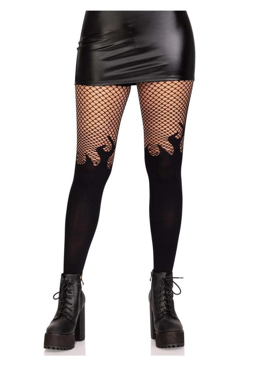 Leg Avenue Opaque Flame Tights with Fishnet Top - Black - One Size