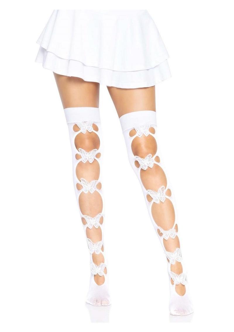 Leg Avenue Opaque Net Cut-Out Butterfly Applique Thigh Highs - White - One Size