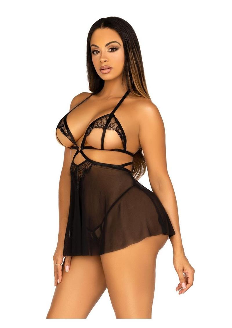 Leg Avenue Open Cup Eyelash Lace and Mesh Babydoll with Heart Ring Accent and Matching Panty - Black - Large