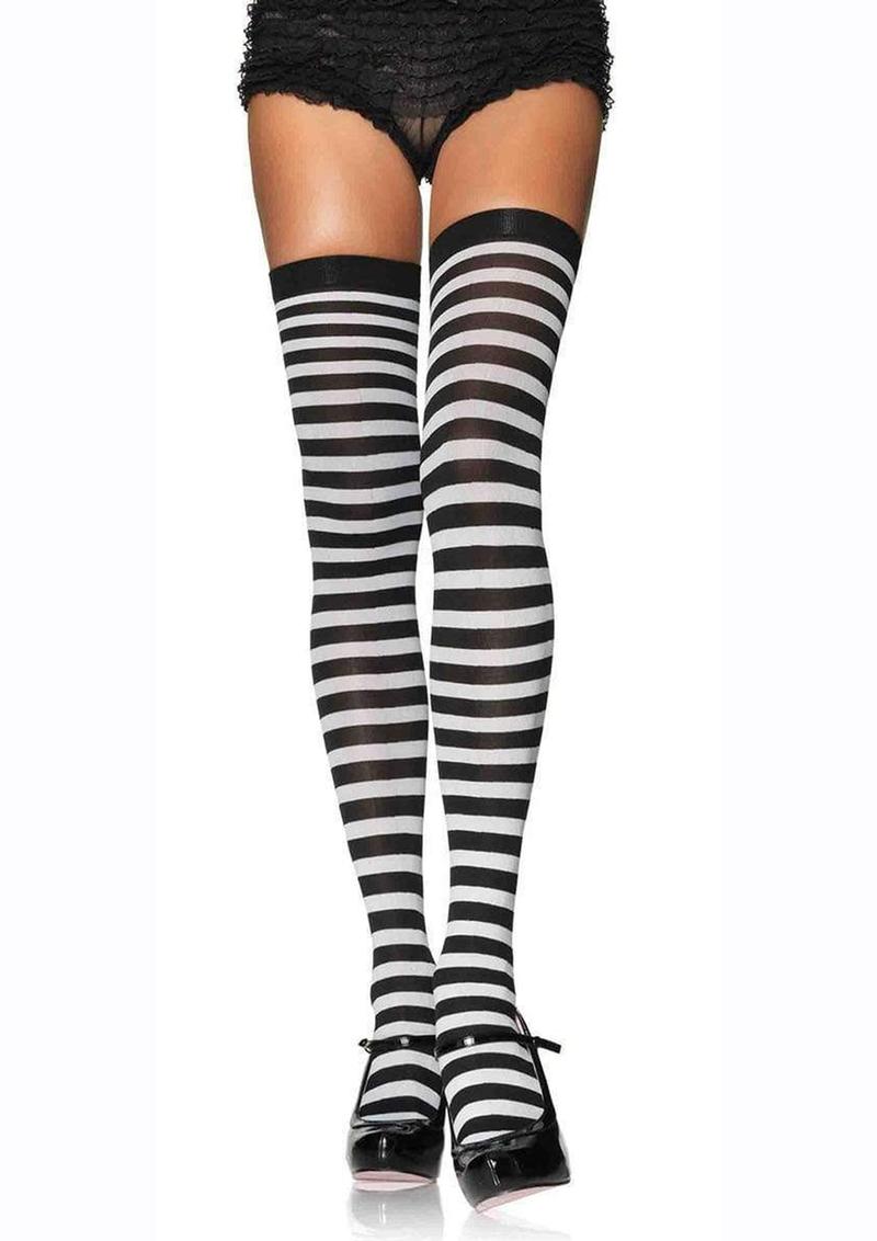 Leg Avenue Plus Size Nylon Stocking with Stripe - Black/White - Queen/XLarge/XXLarge