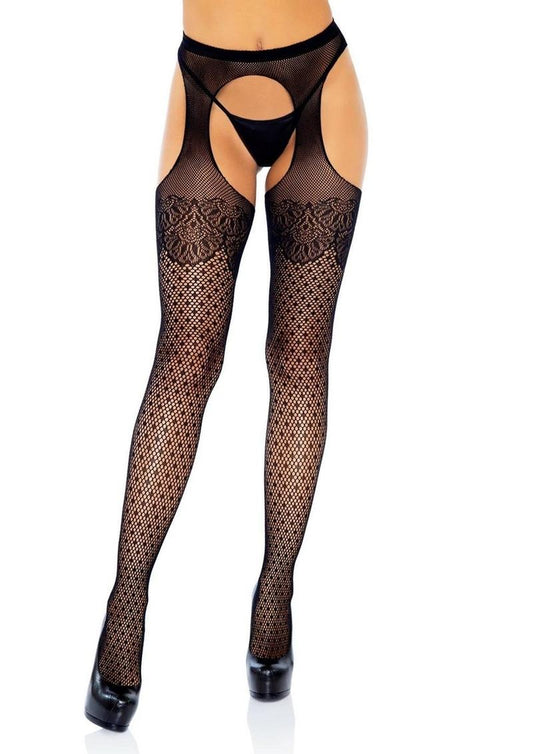 Leg Avenue Polka Dot Fishnet Suspender Hose with Lace Top and Cuban Heel - Black - One Size