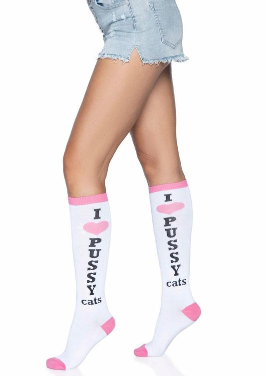 Leg Avenue Pussycat Knee Highs - Pink/White - One Size