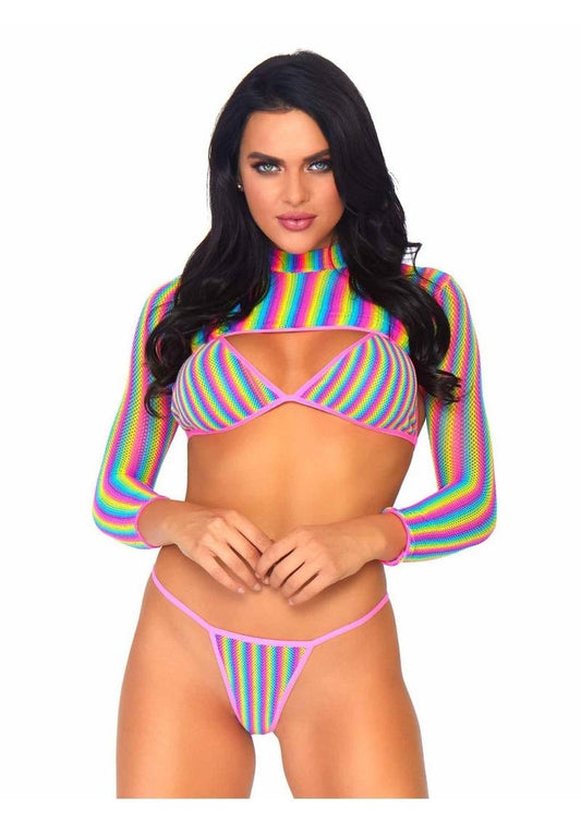 Leg Avenue Rainbow Fishnet Bikini Top, G-String, and Long Sleeved Crop Top - Multicolor - One Size - 3 Piece