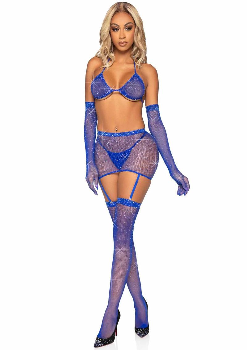 Leg Avenue Rhinestone Fishnet Garter Skirt Set with Bikini Top, G-String, Gloves and Matching Stockings - Blue - One Size - 5 Piece