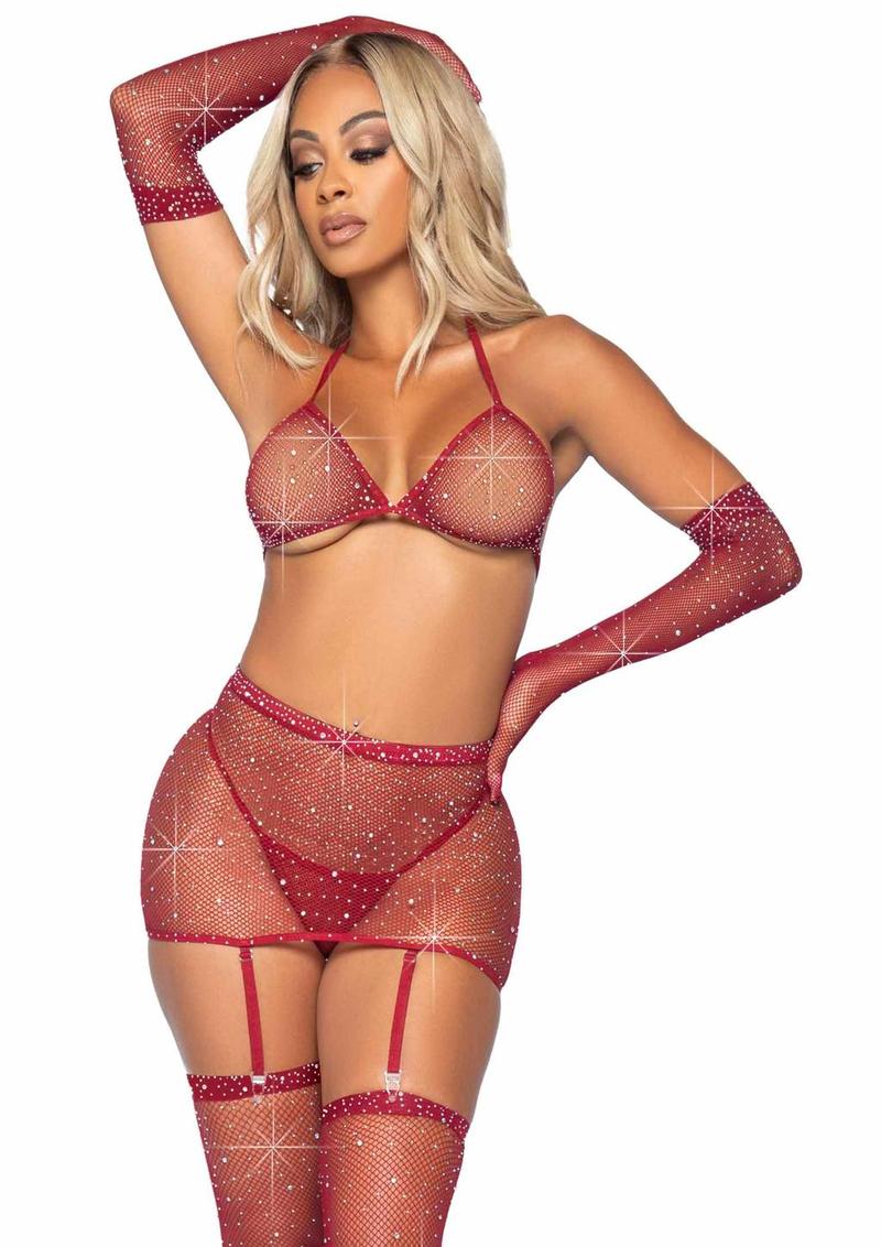 Leg Avenue Rhinestone Fishnet Garter Skirt Set with Bikini Top, G-String, Gloves and Matching Stockings