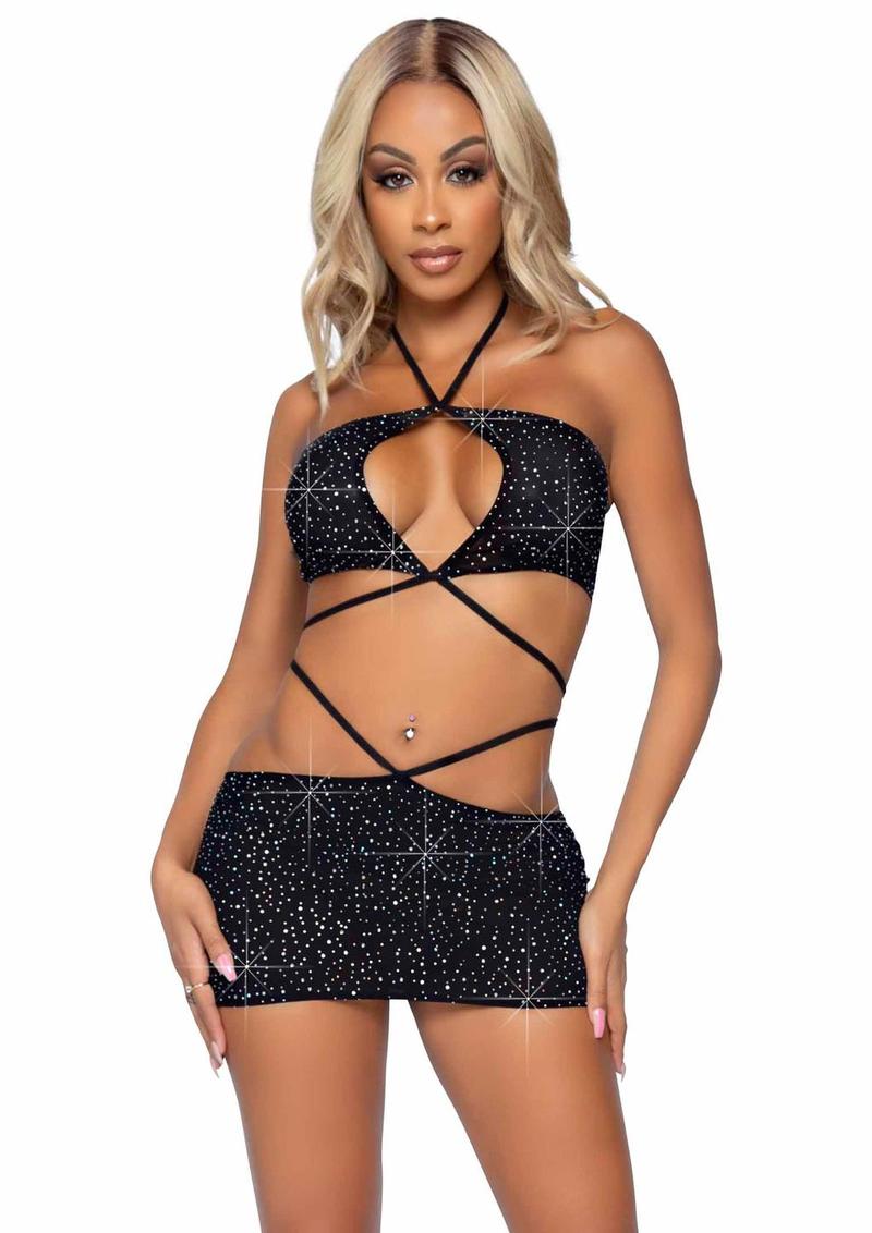 Leg Avenue Rhinestone Keyhole Bandeau Top and Low Rise Skirt with Waist Strap Detail - Black - Large - 2 Pieces