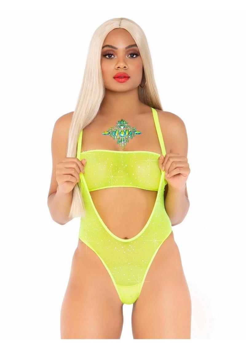 Leg Avenue Rhinestone Mesh Bandeau and Suspender Bodysuit - Neon Yellow/Yellow - One Size - 2 Piece