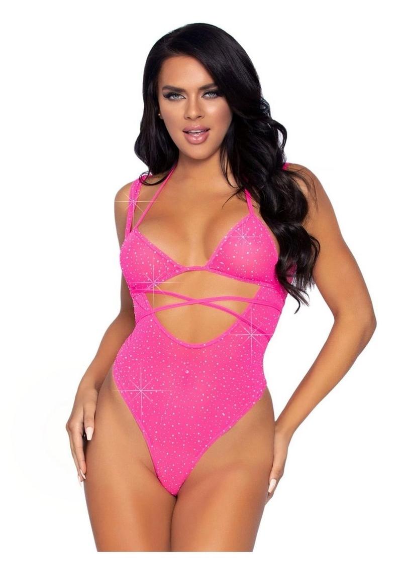 Leg Avenue Rhinestone Mesh Wrap Around Bikini Top and Suspender Bodysuit - Pink - One Size - 2 Piece