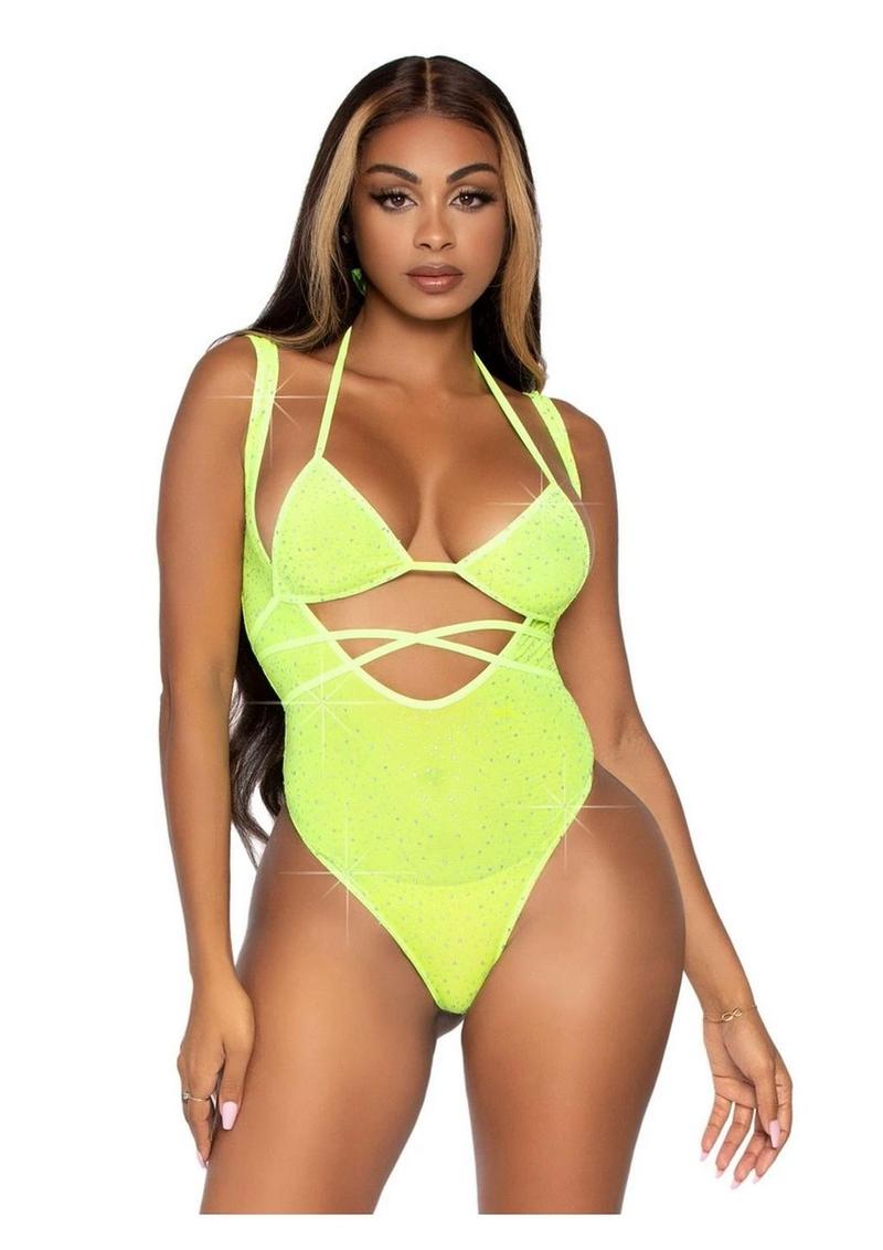 Leg Avenue Rhinestone Mesh Wrap Around Bikini Top and Suspender Bodysuit - Yellow - One Size - 2 Piece