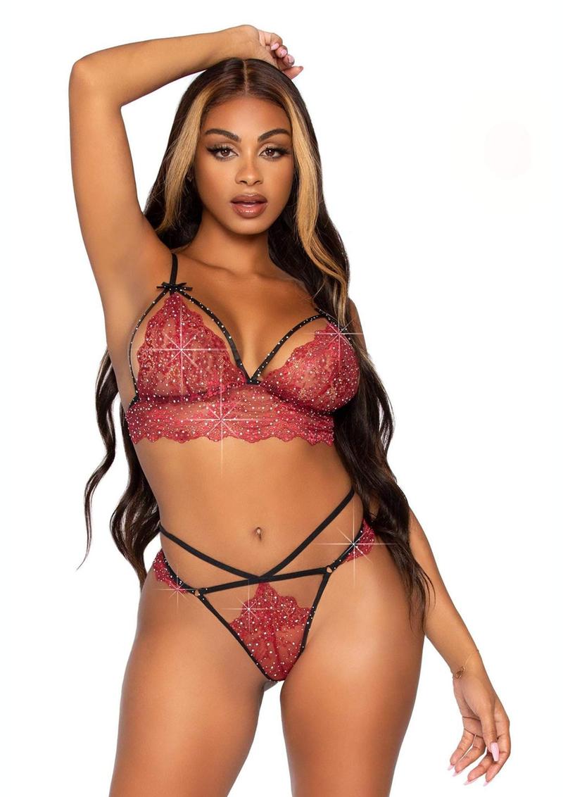 Leg Avenue Scalloped Lace Rhinestone Strappy Bralette with Adjustable Straps, Hook-N-Eye Back and Matching Cut-Out Strappy G-String - Burgundy/Red - Large
