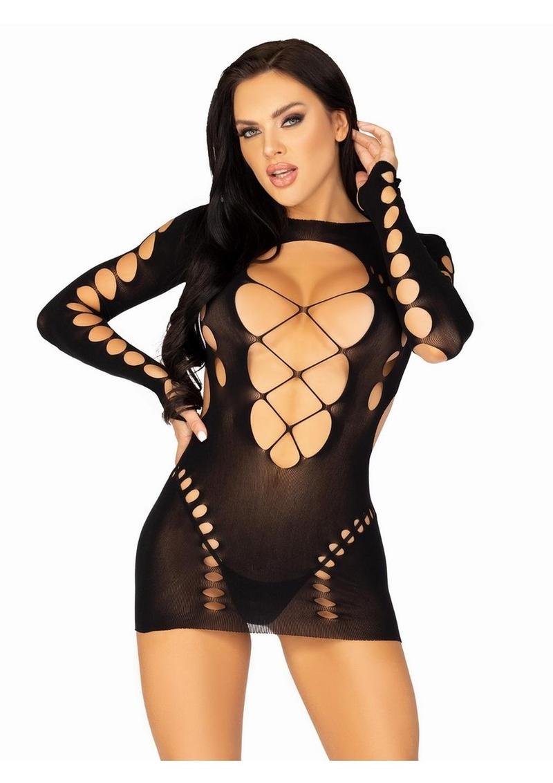 Leg Avenue Seamless Cut Out Long Sleeve Mini Dress with Faux Lace-Up Detail - Black - One Size