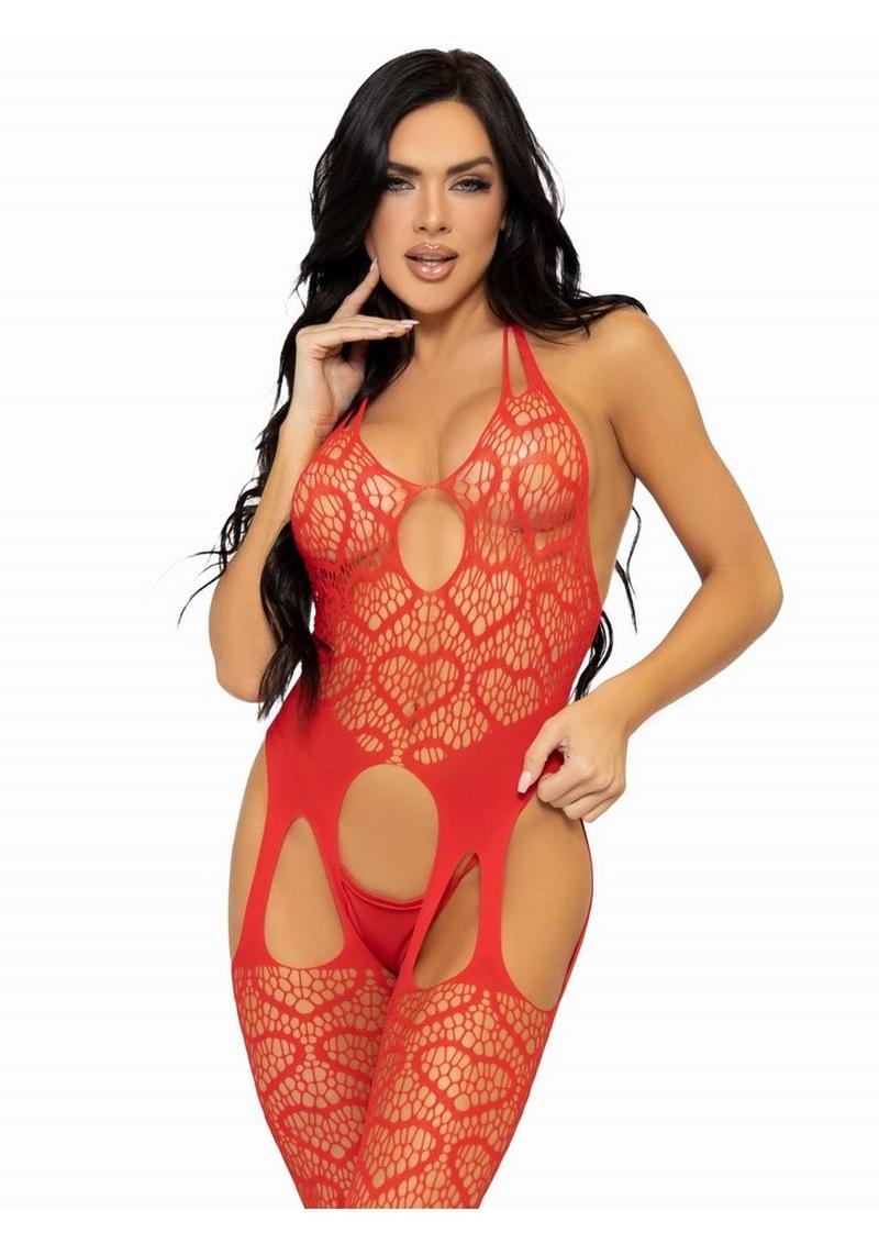 Leg Avenue Seamless Heart Net Suspender Bodystocking - Red - One Size