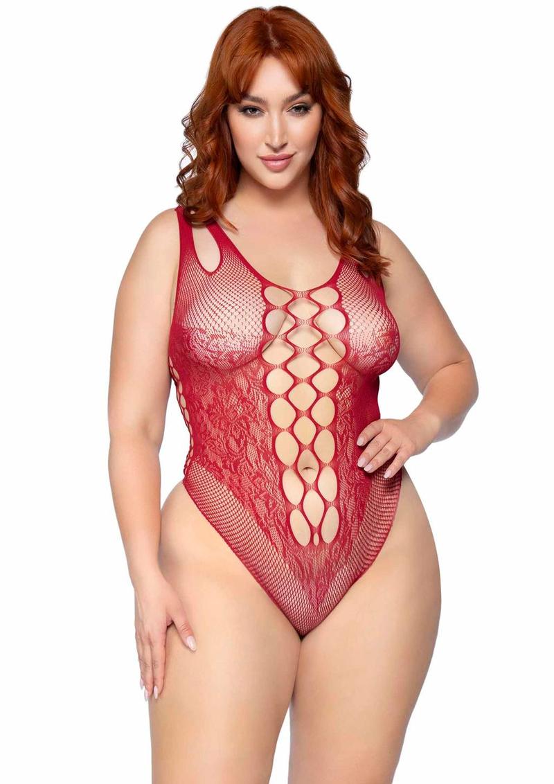 Leg Avenue Seamless Net Lace Bodysuit with Dual Shoulder Straps and Cheeky Cut Bottom - Burgundy/Red - Queen/XLarge/XXLarge
