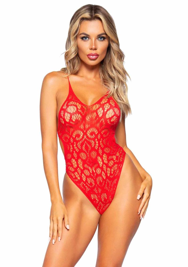 Leg Avenue Seamless Scroll Lace with Nearly Naked Strappy Back - Red - One Size