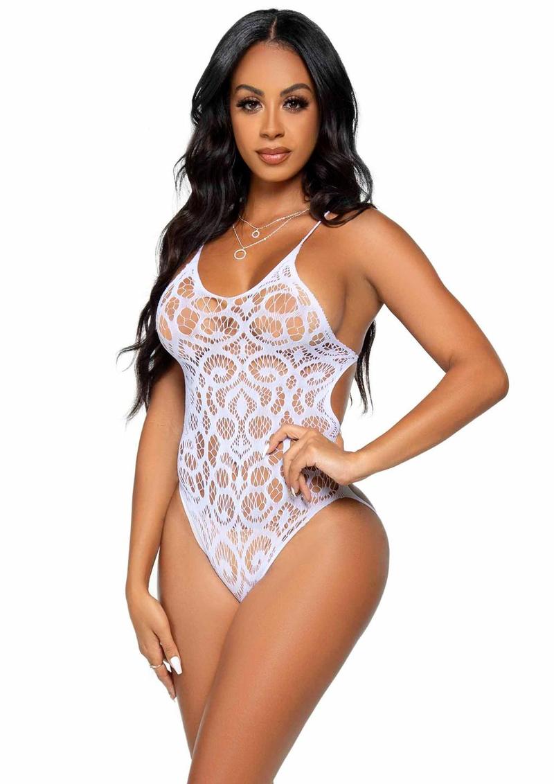 Leg Avenue Seamless Scroll Lace with Nearly Naked Strappy Back - White - One Size