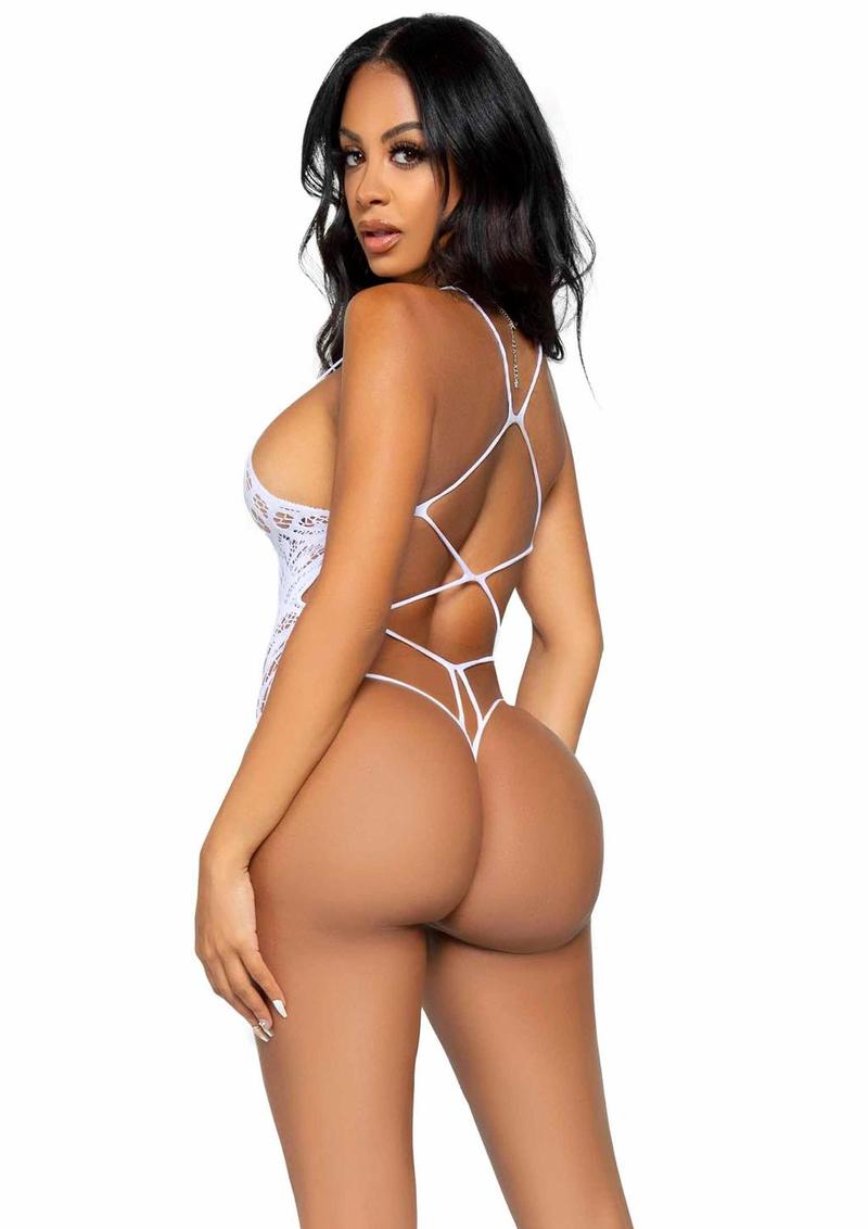 Leg Avenue Seamless Scroll Lace with Nearly Naked Strappy Back - White - One Size