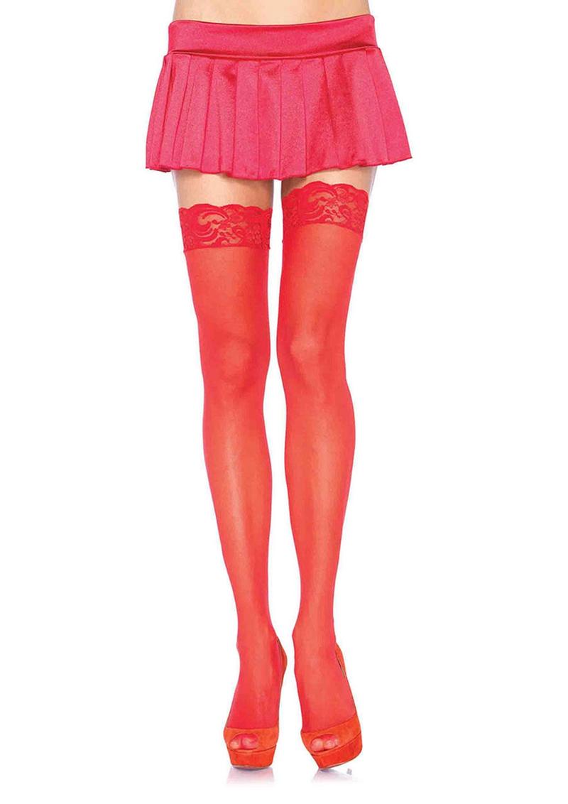 Leg Avenue Sheer Nylon Thigh High with Lace Top - Red - One Size