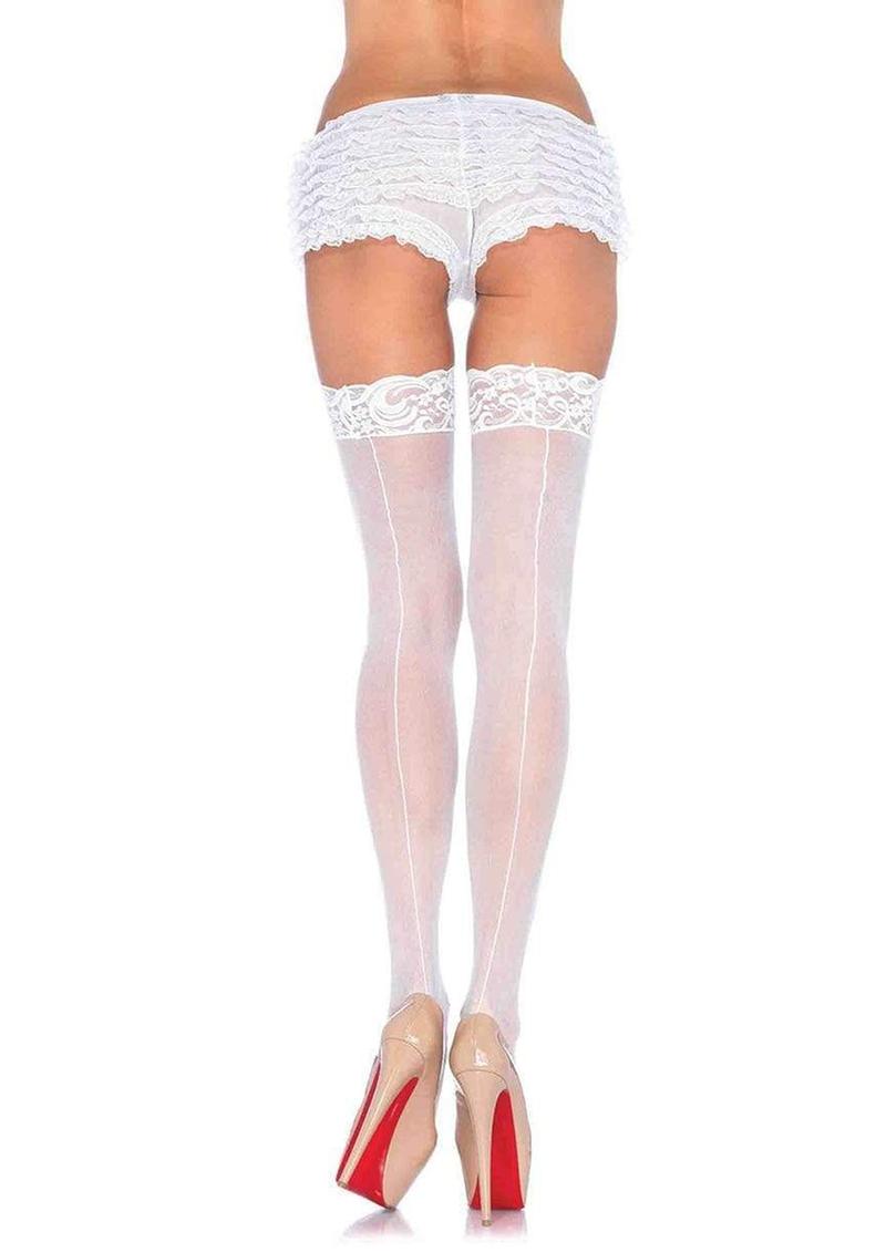 Leg Avenue Sheer Stocking with Backseam and Lace Top - White - One Size