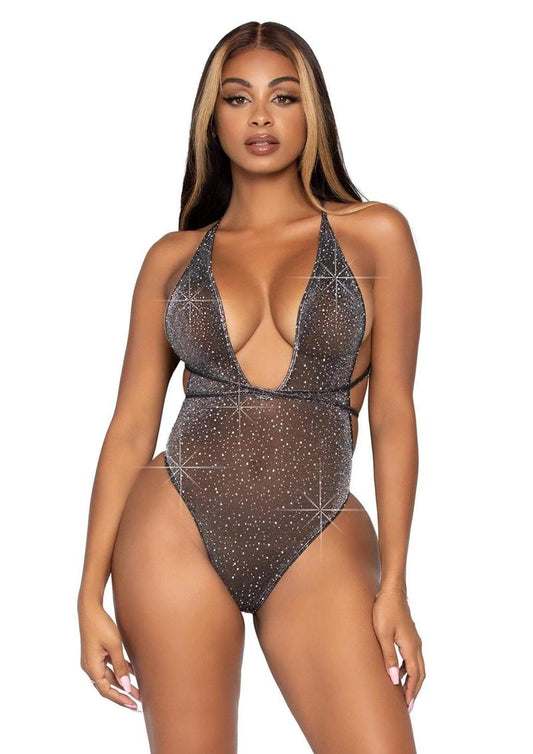 Leg Avenue Shimmer Sheer Lurex Rhinestone Bodysuit with Thong Back and Convertible Wrap-Around Straps - Black/Silver - One Size