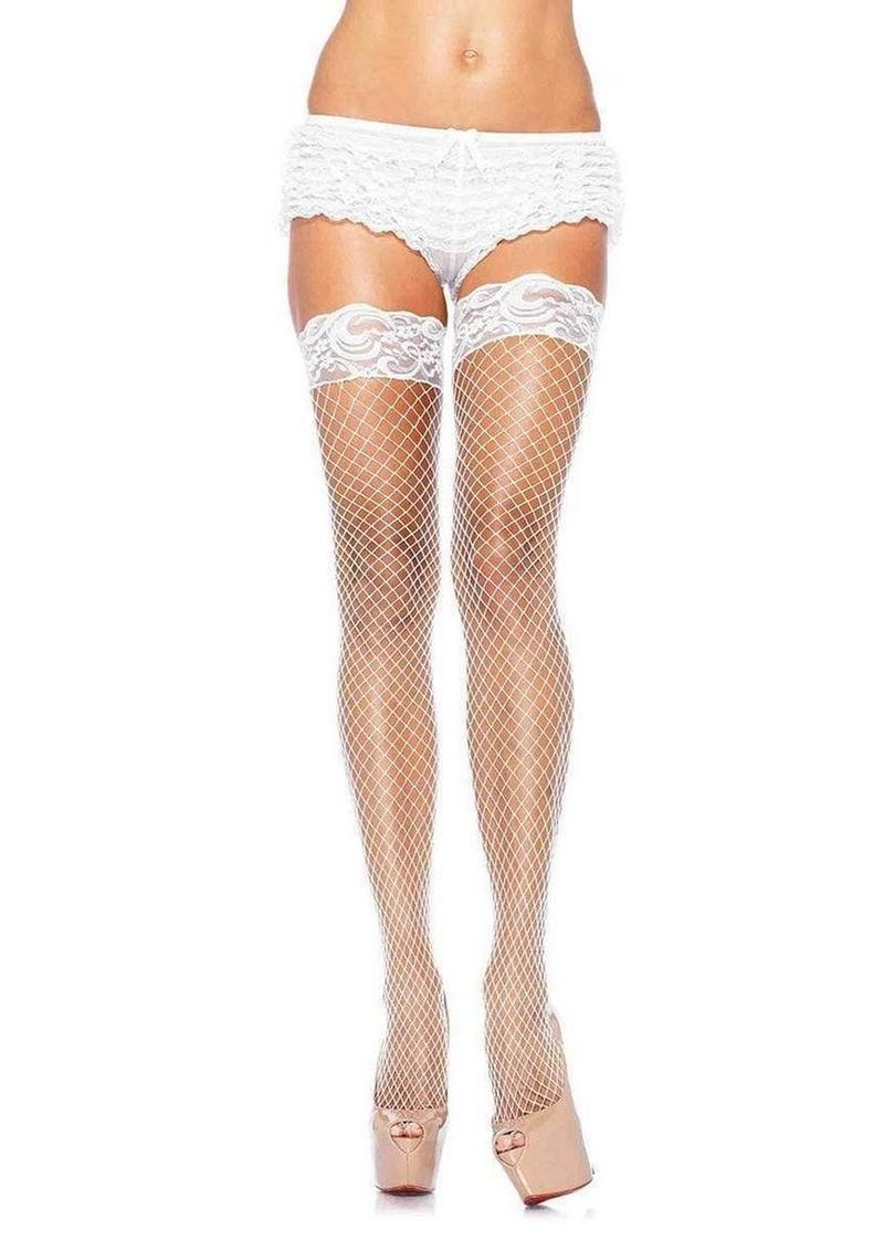 Leg Avenue Spandex Industrial Net Thigh Highs with Stay Up Silicone Lace Top - White - One Size