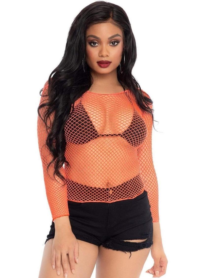 Leg Avenue Spandex Long Sleeved Industrial Net Shirt - Coral/Orange - One Size