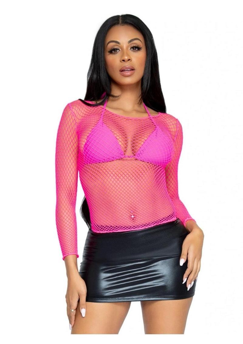 Leg Avenue Spandex Long Sleeved Industrial Net Shirt - Neon Pink/Pink - One Size