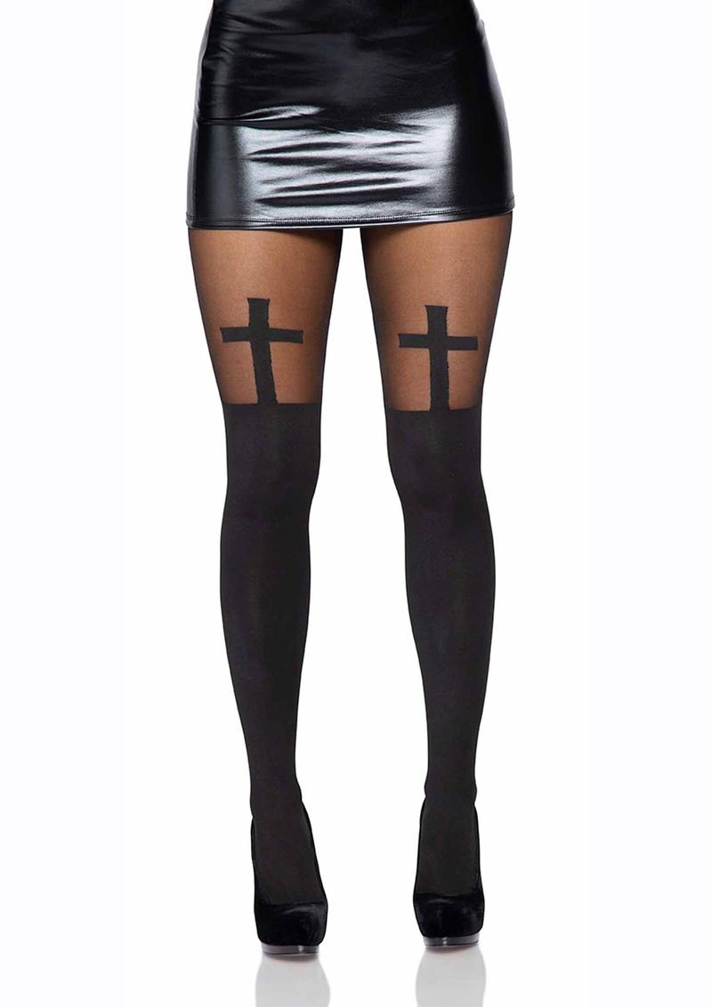 Leg Avenue Spandex Opaque Cross Pantyhose with Sheer Thigh Accent - Black - One Size