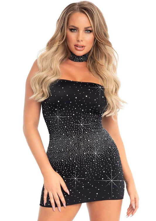 Leg Avenue Spandex Opaque Rhinestone Tube Dress and Matching Choker - Black - Medium