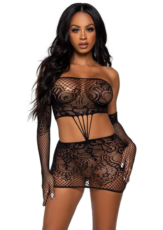 Leg Avenue Strappy Lace Tube Dress and Matching Gloves - Black - One Size - 2 Pieces