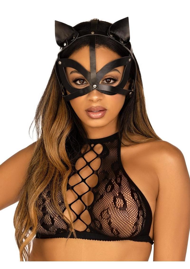 Leg Avenue Vegan Leather Studded Cat Mask - Black - One Size