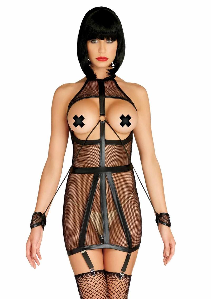 Leg Avenue Wet Look Fishnet Open Cup Bondage Garter Dress with O-Ring Attached Restraint Cuffs - Black - Large/Medium