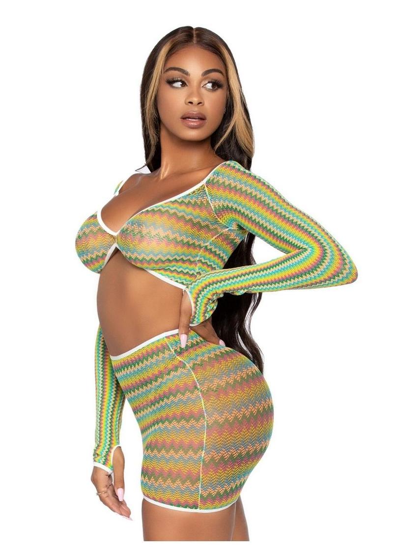 Leg Avenue Zig Zag Net Gauntlet Sleeve Crop Top and Mini Skirt